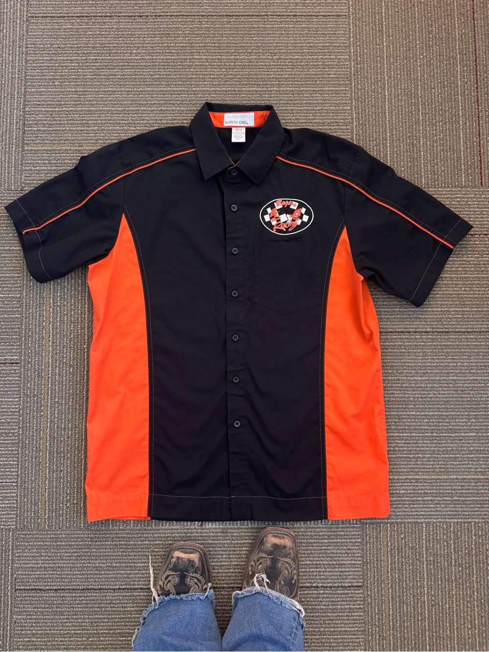 North End Rogers Racing Embroidered Black Orange Button Front Racing Shirt